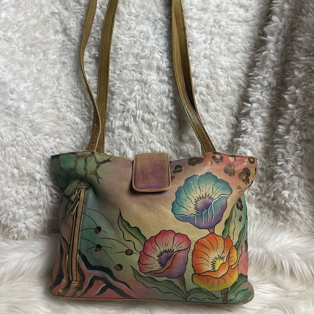 Anuschka Hand Painted Leather Medium Tote Floral Double Handle.